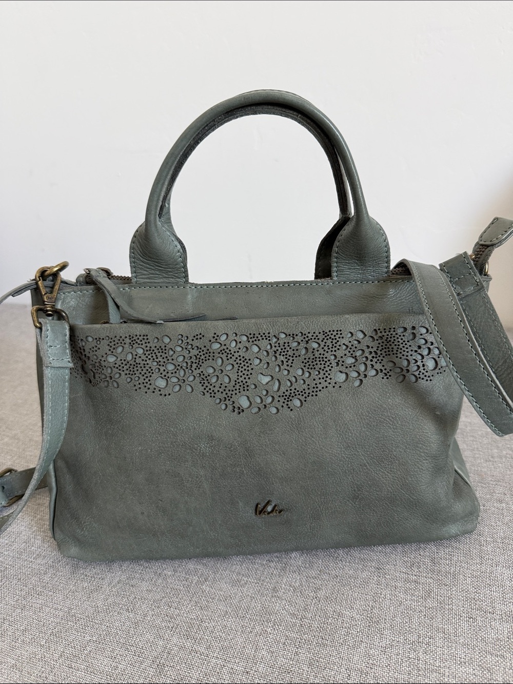 Women’s Green vintage Leather Tote Bag with Perforated Detail